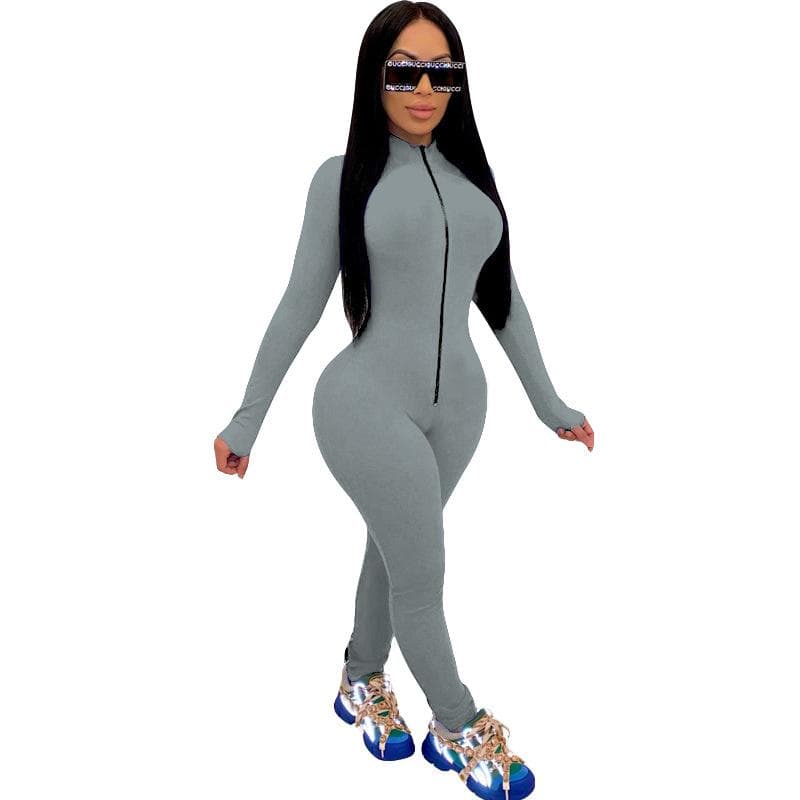 Workout Active Wear Solid Color Rompers Womens Jumpsuit Sporty Long Sleeve Fitness Clubwear Zipper Party Jumpsuits Bodycon L