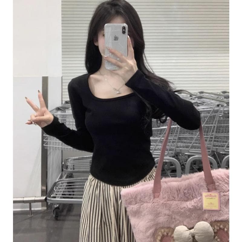 Thickened White Square Collar Bottoming Shirt for Women with Slim German Velvet T-shirt for Women with Long Sleeves for Women with Super Figure XXL