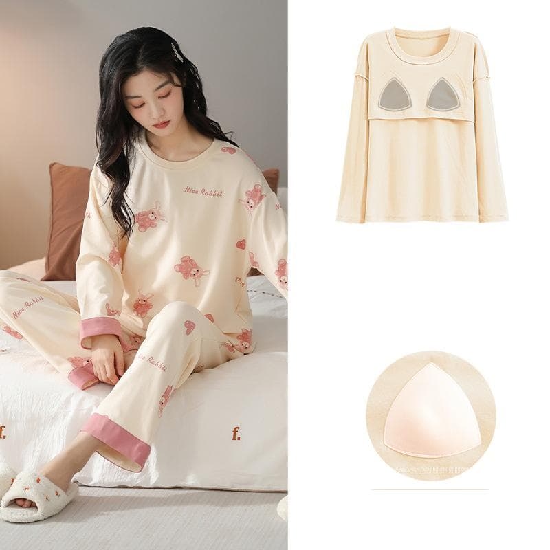 Tops Women's Pure Cotton Pajamas Pure Cotton Long-sleeved Trousers Women's Pajamas Set 1 Set Autumn Comfortable Chest Pad 3XL
