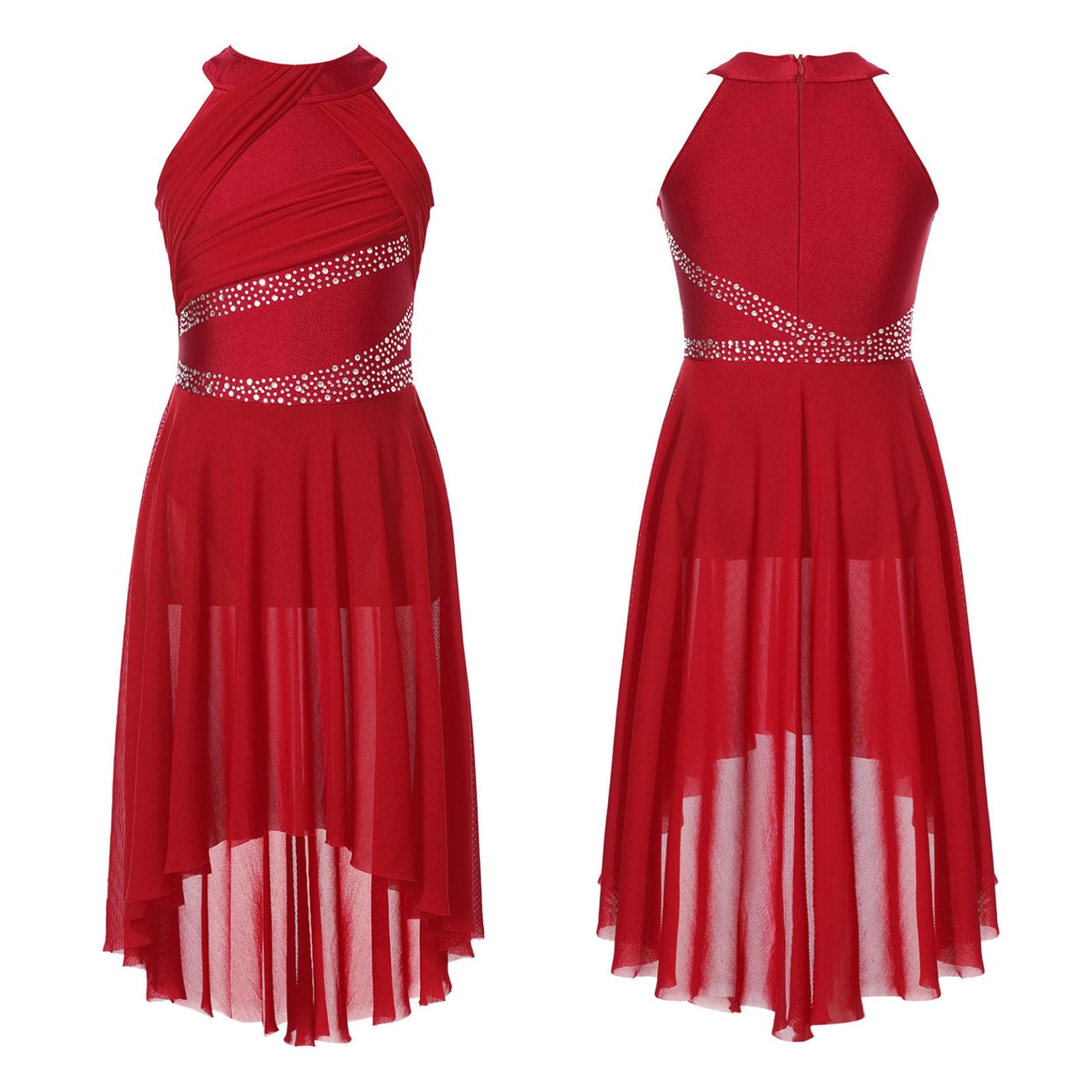 Kids Girls Sleeveless Shiny Rhinestone Lyrical Ballet Leotard Dress Contemporary Modern Latin Dance Costume 5-6 Years burgundy
