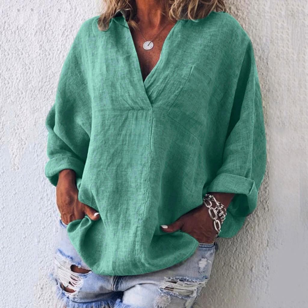Boho Womens Long Sleeve Cotton Linen Kaftan Ladies Baggy Blouse Tee Shirt Tops M green