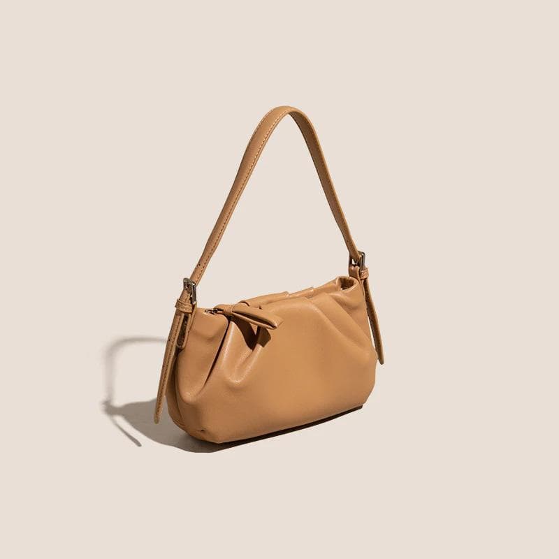 Soft Leather Bag for Girls, Solid-colored Leather Cloud Bag, Hand-held, Single-shoulder, Slanted, Pleated Dumpling Bag