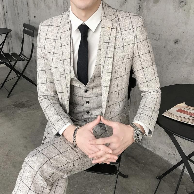 Jacket + Vest + Pants Men's Fashion Boutique Plaid Formal Business Suit Slim Stripe Wedding Blazers Coat Trousers Waistcoat Plus Size 2XL khaki