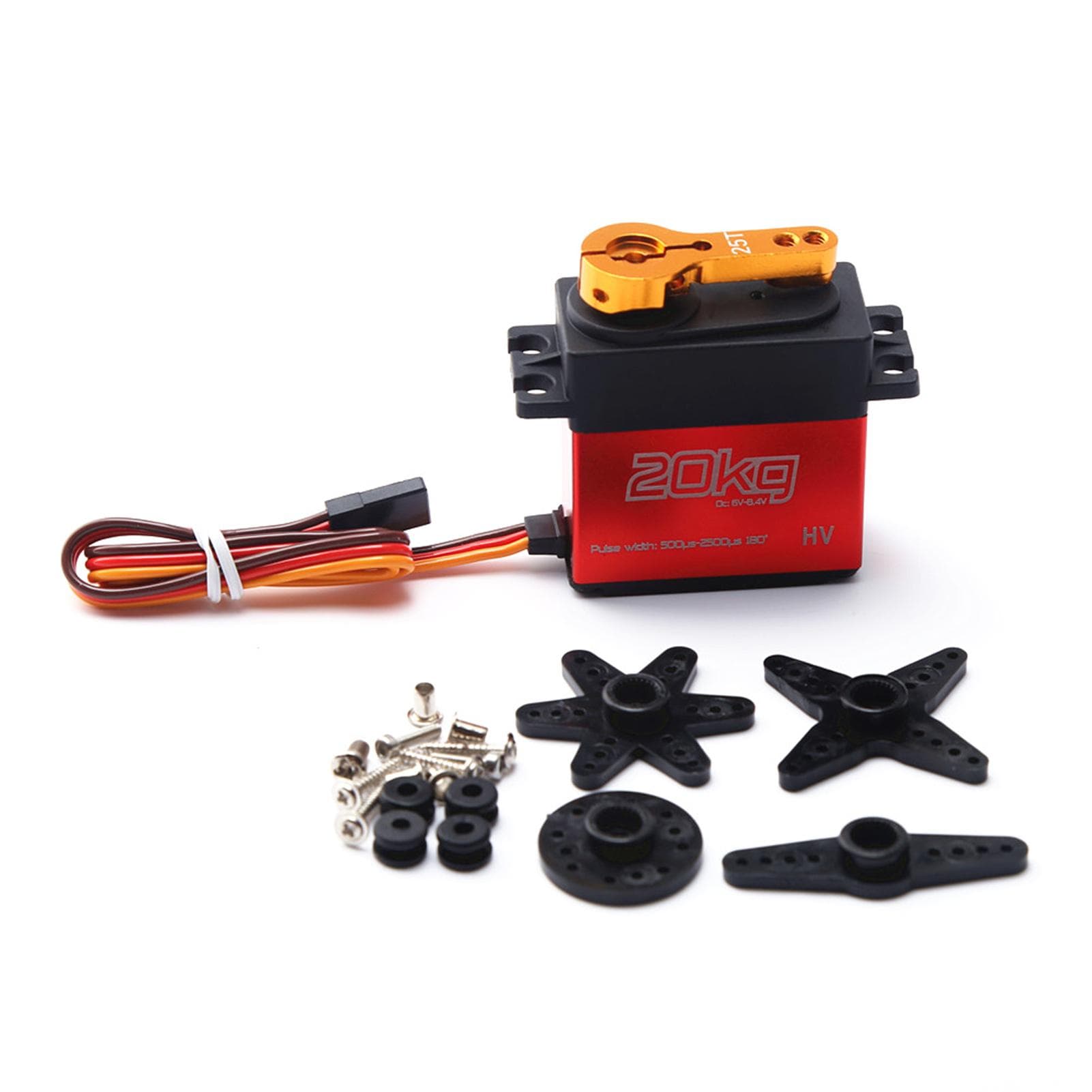 Digital Servo 20kg High Torque 180 degrees Stainless Steel Gear Servo 2pcs for 1/8 1/10 RC Car with 25T 1pcs red