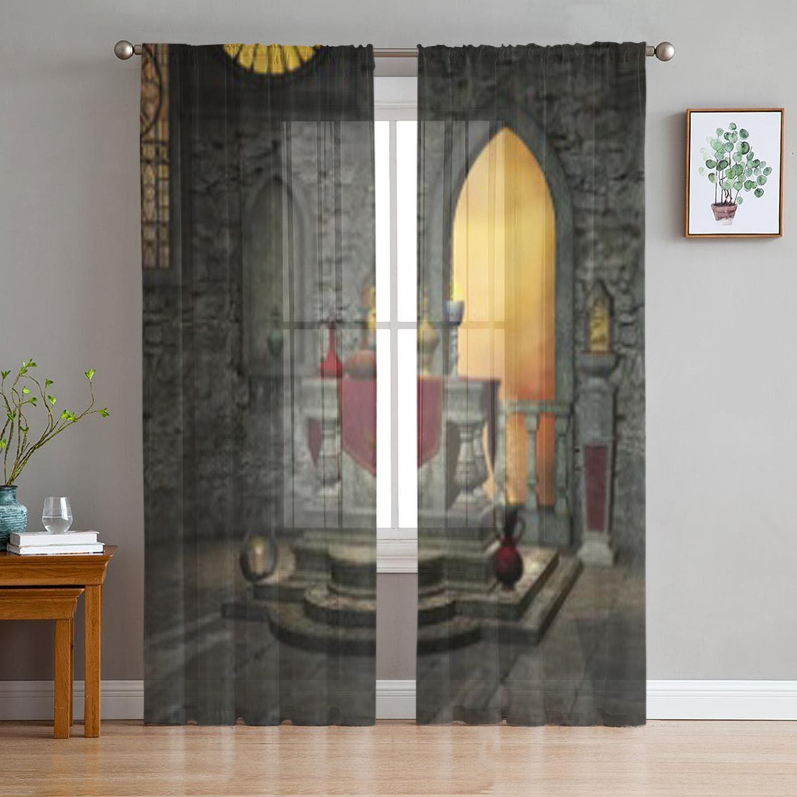 Ancient Altar Tulle Sheer Curtains for Living Room Decoration Curtain for the Room Bedroom Kitchen Voile Organza Curtains 135W x 114H(cm)