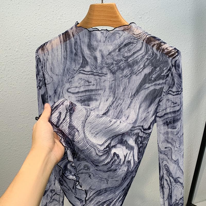 Semi-turtleneck Bottoming Shirt Women's Year New Women's Clothing Foreign Style Tie-dye Printed Inner Shirt Top 3XL