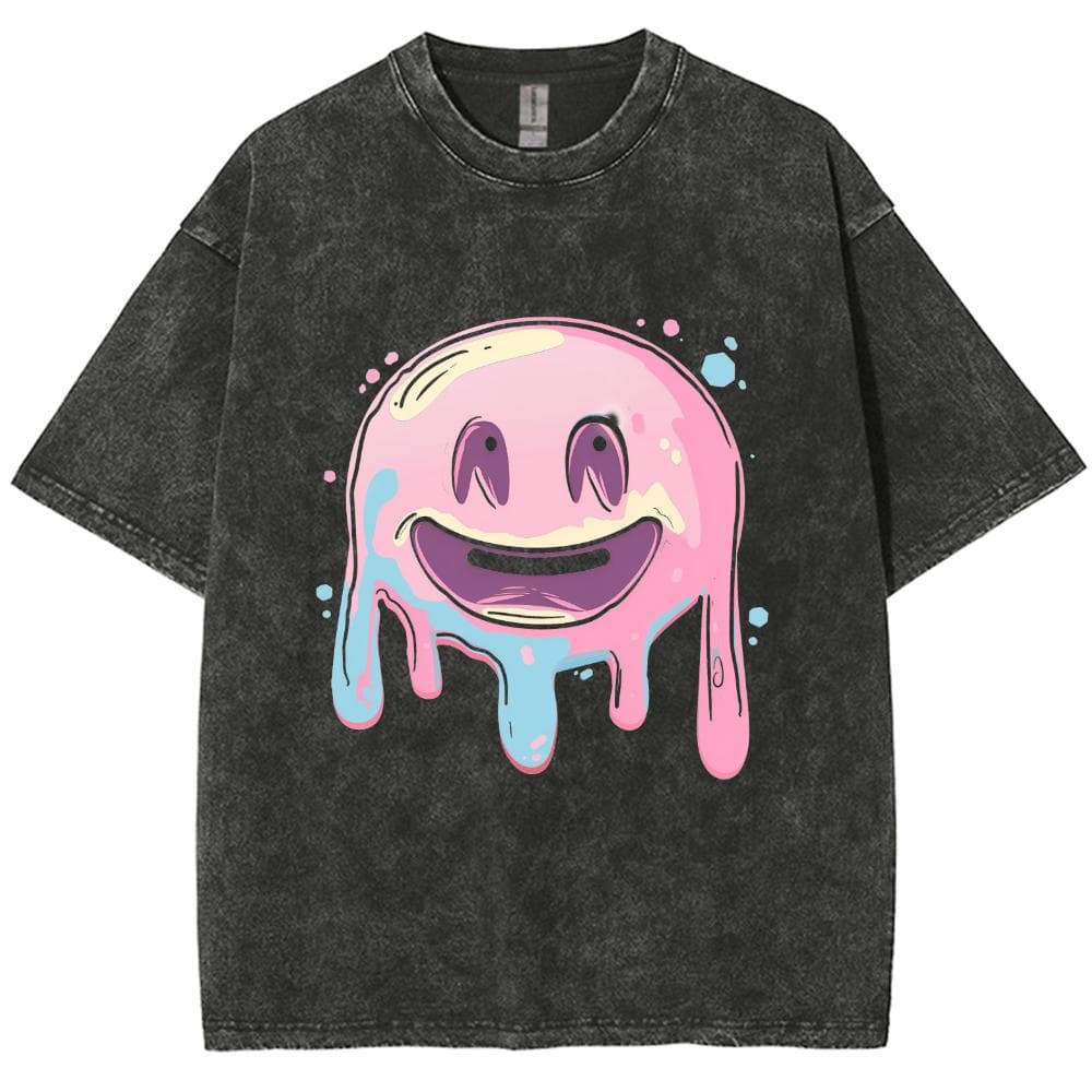 Graffiti Hand-Painted Stamped Print Women T-Shirt Washed Oversized Couple Short Sleeve Unisex Cute Sweetheart Top M