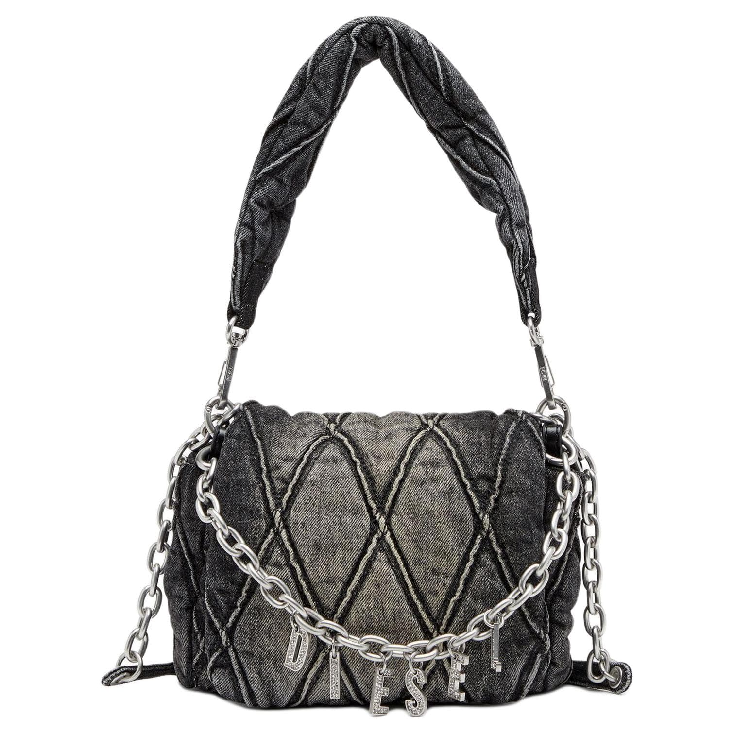 Diesel Charm-D Diamond Pattern Detachable Handle Cotton Tote Crossbody Shoulder Bag Women bags Black X09597P6330T8013 Basic Set (Bag+Dust Bag)