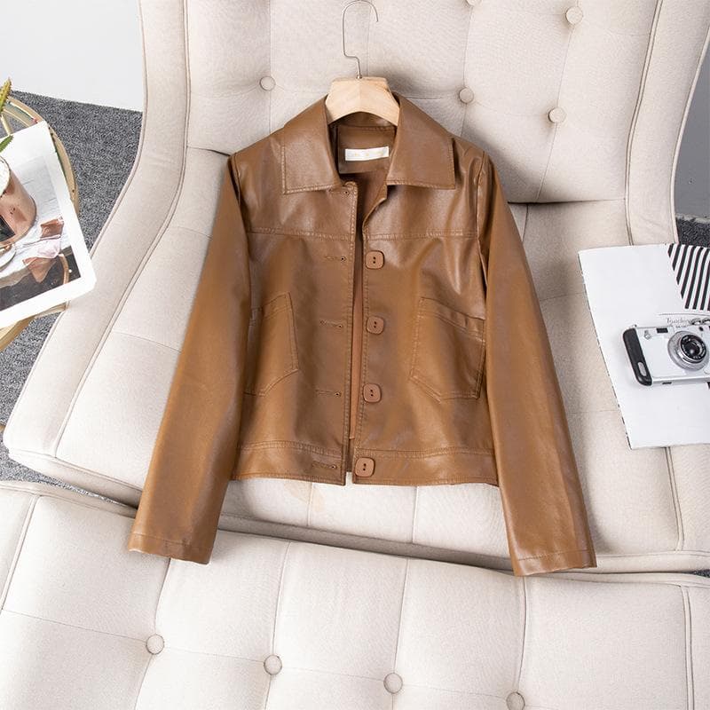 New Autumn New Leather Jacket New Small Leather Jacket Short Street Jacket M brown