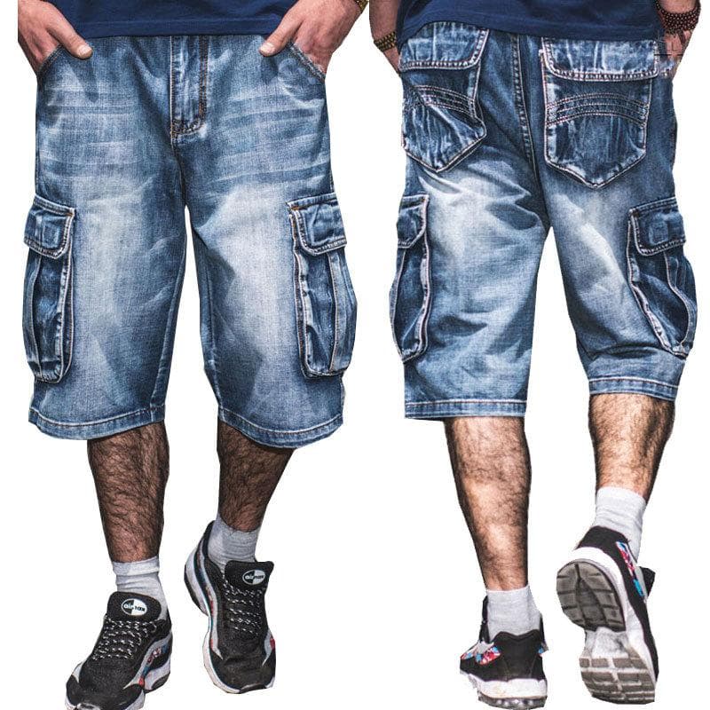 Summer Multi-Pocket Men's Blue Denim Shorts Streetwear Loose Large Size Straight Denim Shorts 32 light blue