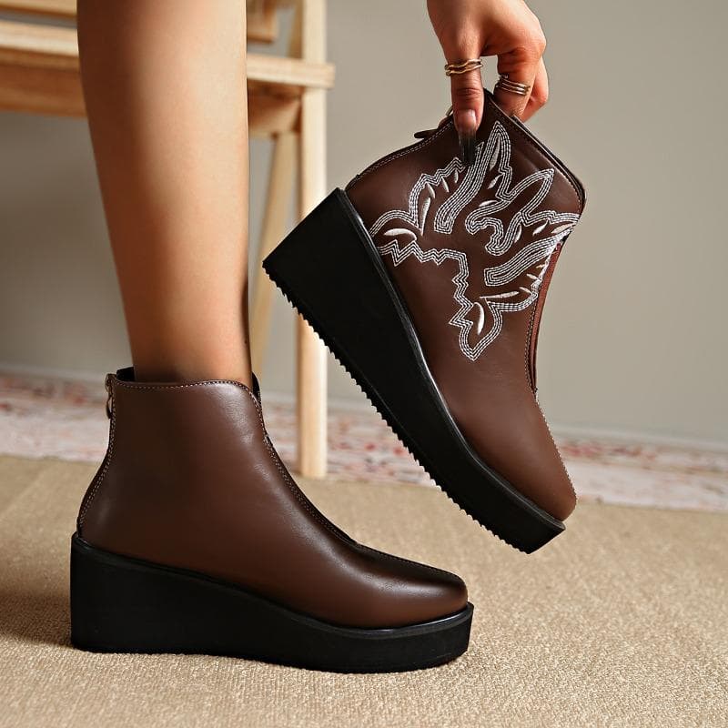Size 36- 42 Women's Ankle Boots Leather Heels Winter Fashion Print Wedge Warm Boots Plush Women's Chelsea Gothic 42 brown