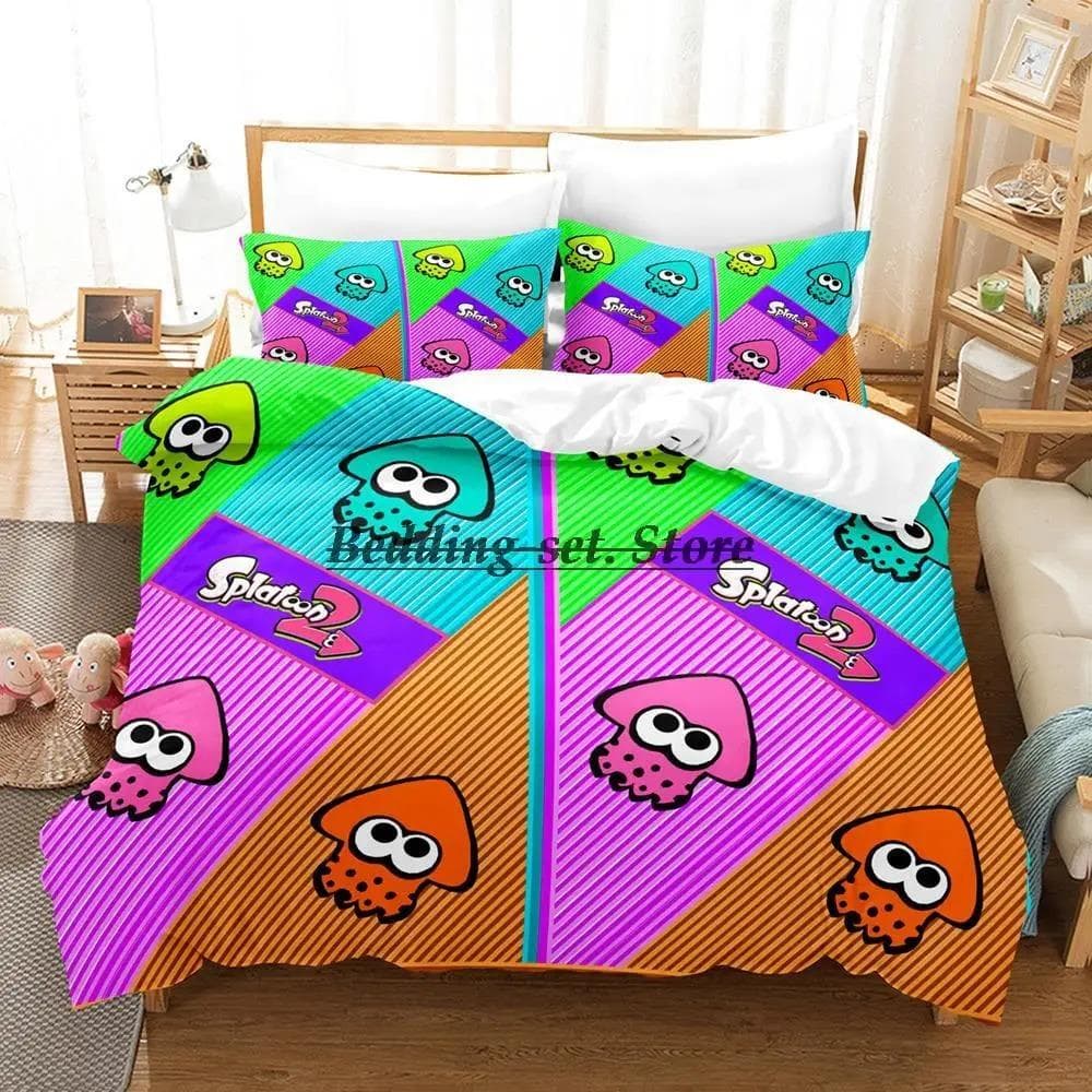 Splatoon 3 Inkling Squid Bedding Set Single Twin Full Queen King Size Bed Set Aldult Kid Bedroom Duvetcover Sets Bed Sheet Set AU Single 140x210cm