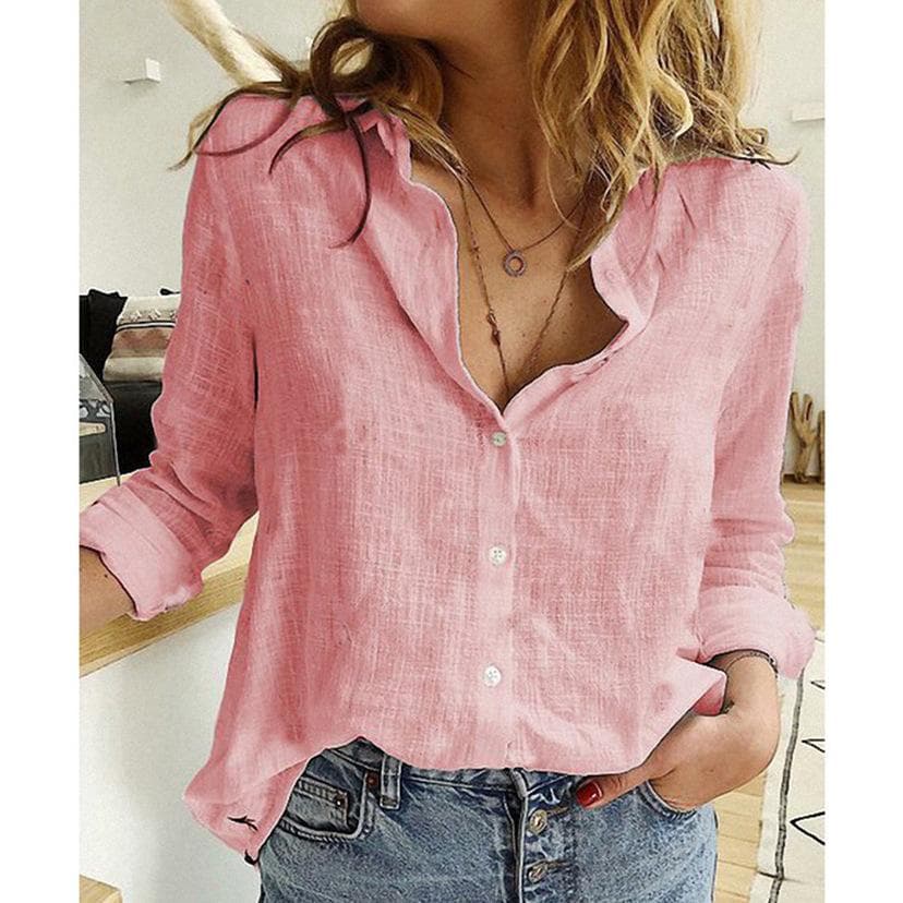 GMXIA Women's Fashion Casual Solid Color Print Long Sleeve POLO Neck Loose T-shirts and Linen Shirt Tops 4XL pink