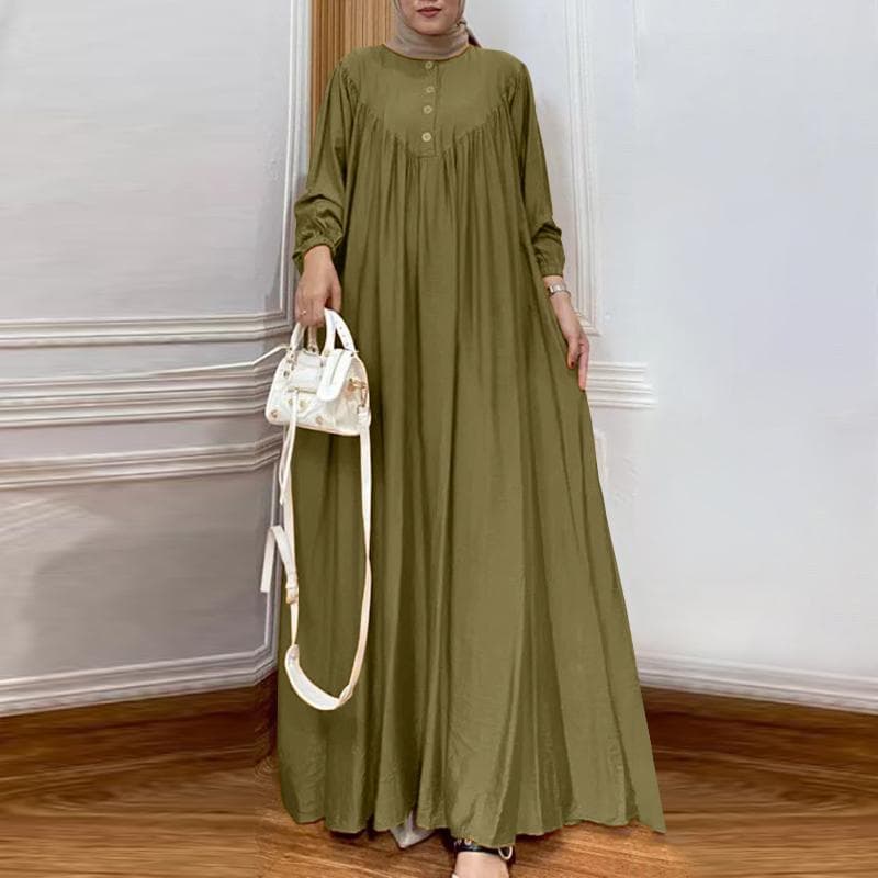 ZANZEA Women Casual Long Sleeve O-neck Solid Color Loose Maxi Dress L dark green