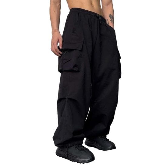 Men Cargo Pants Multi Pocket Oversized Solid Color Elastic High Waist Deep Crotch Ankle-banded Soft Breathable Hip Hop Streetwear Men Long Trousers S black