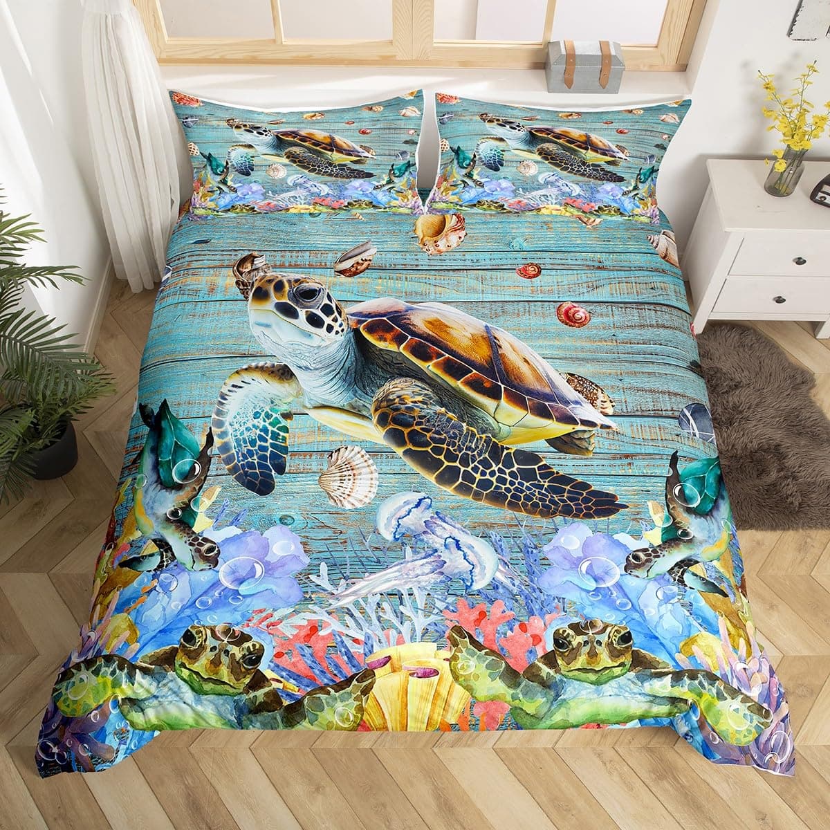 Sea Turtle Duvet Cover Full Size,Ocean Bedding Set for Kids Teens,Beach Comforter Cover,1 2 Pillowcases 3 Piece for Teens Boys EU single(135x200cm)