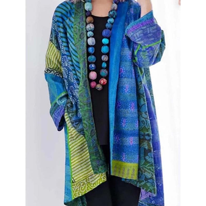 Vintage Cotton Linen Loose Ethnic Style Print Knitted Cardigan Large Size Long Sleeve Coat Autumn Winter Retro Women's Sweater M blue
