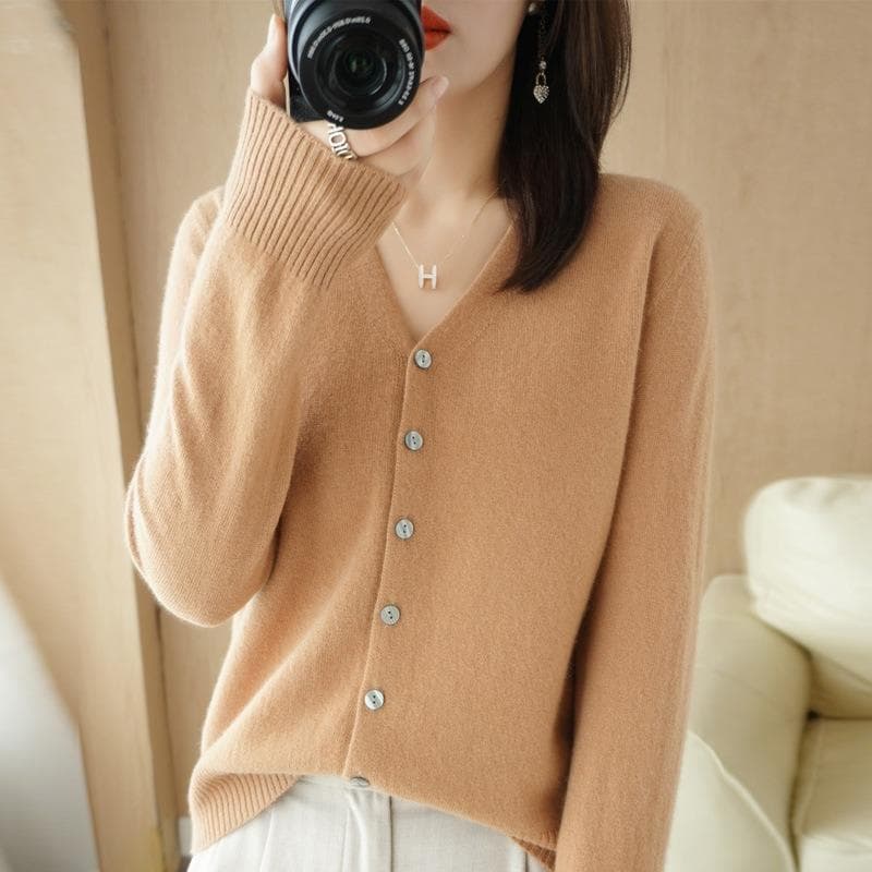 Women Cardigans Autumn Winter Single Breasted Knitwears Long Sleeve V-neck Knit Cardigan Korean Fashion Spring Casual Sweater XL camel/gold
