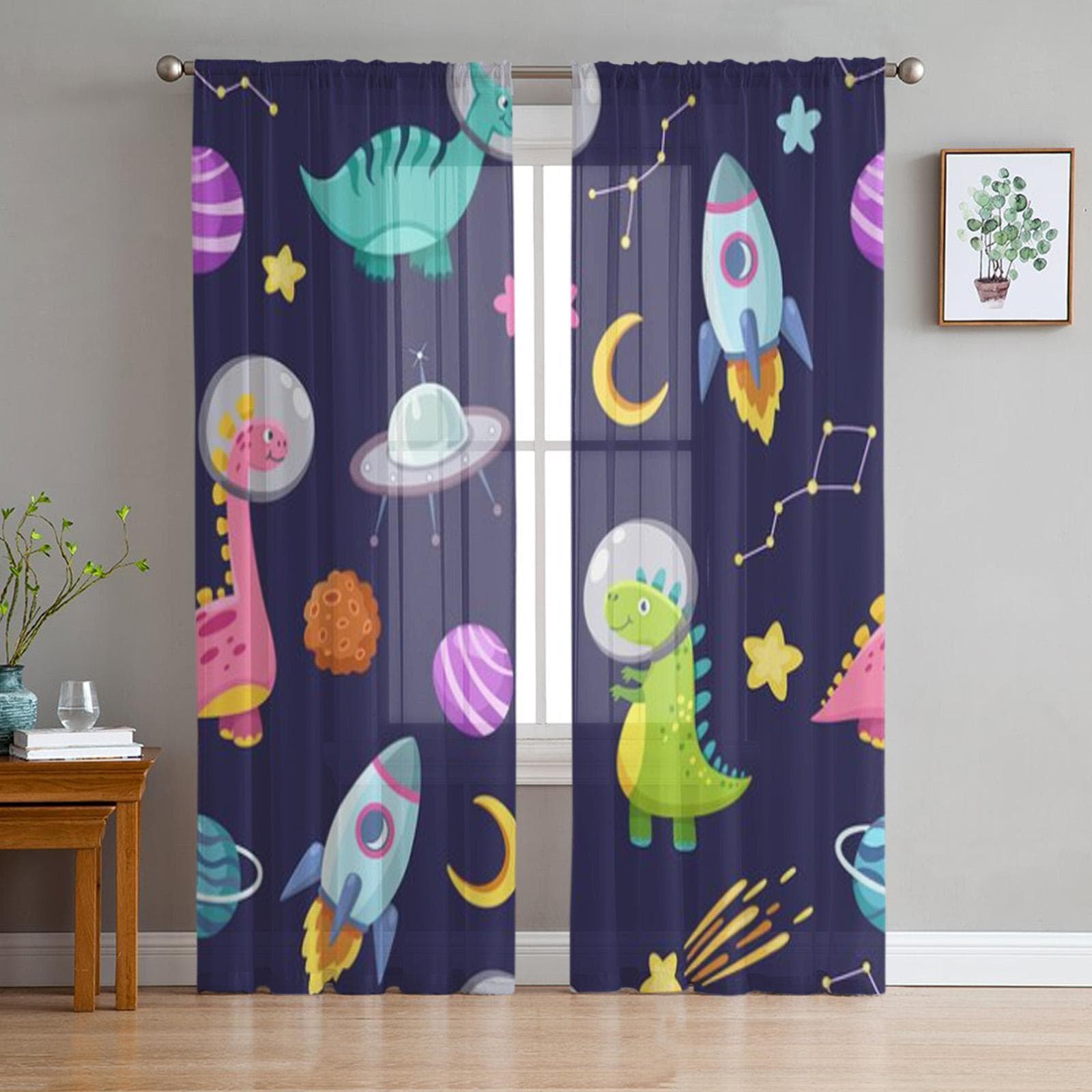 Spaceship Rocket Dinosaur Moon Sheer Curtains for Living Room Transparent Tulle Window Curtain Bedroom Kitchen Decor Veil Drapes 135W x 114H(cm)