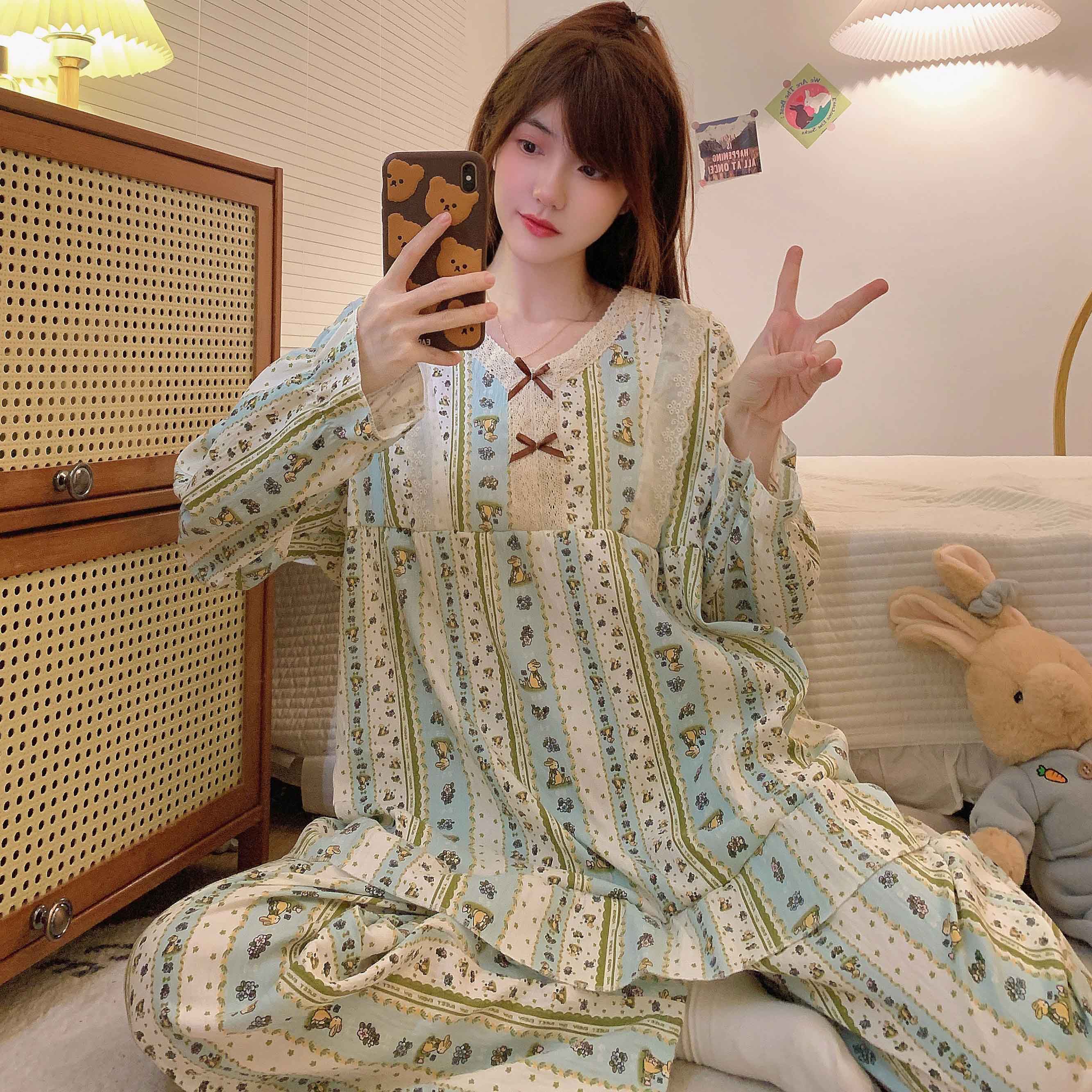 Plus Size Pajama Mujer Cherry Print Sleepwear Set Long Sleeve Top+Pants Ruffle Homewear Skin-Friendly Breathable 5XL