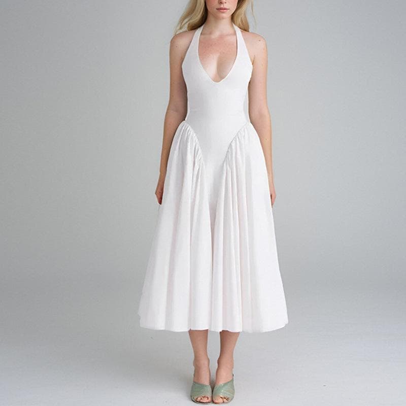 New Spring Festival Women's Solid Color Sexy V-neck Halter Neck High Waist Dress 3XL white