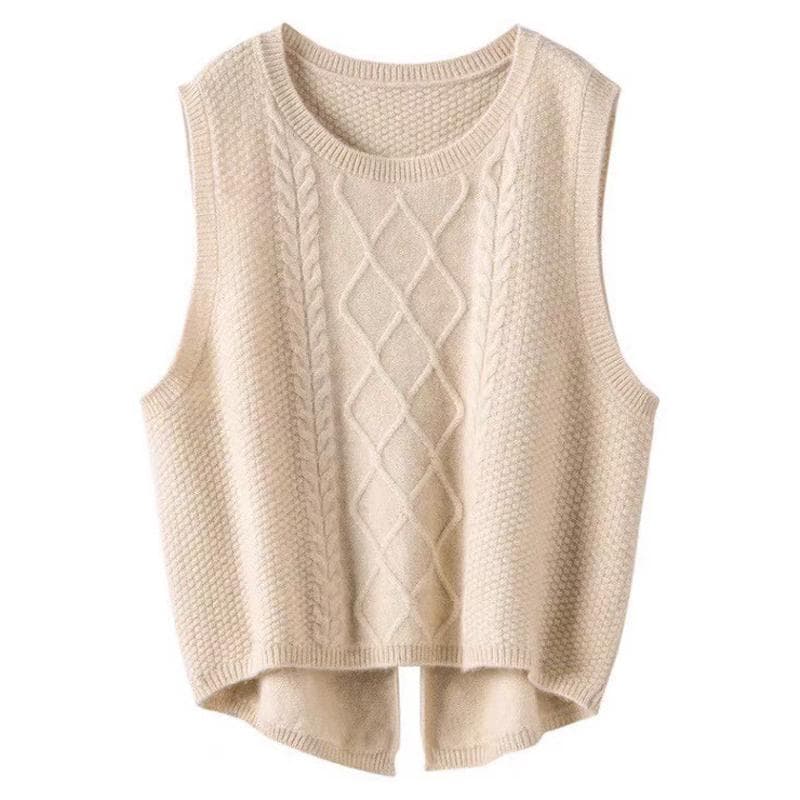 Women's Pure Woolen Round Neck Vest Chic Tuxedo Vest Autumn and Winter Sleeveless Vest Loose Short Split Knit Sweater L apricot
