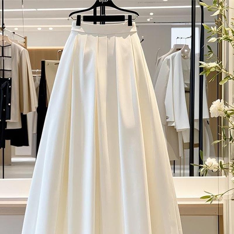 Temperament Long Skirts for Women Simple High Waist Big Swing Pleated Skirt Fashion A Line Skirts M white