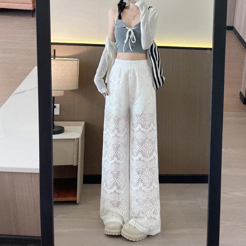 White Lace Waist Lace Wide Leg Pants Summer Women's Drape New High Waist Thin Straight Pants XL white