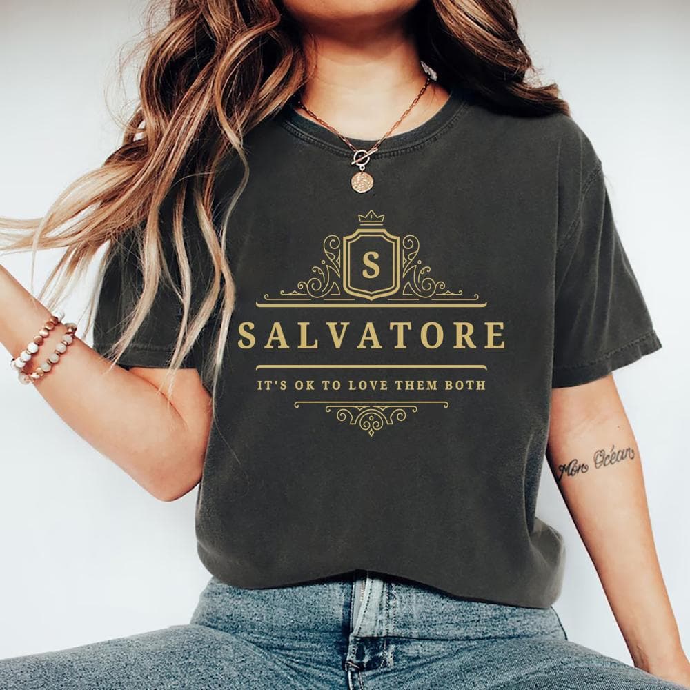 Salvatore It's Ok To Love Them Both T-Shirts Vampire Brothers T Shirts Salvatore Tee Men Women Graphic Tees Short Sleeve T Shirt M dark grey
