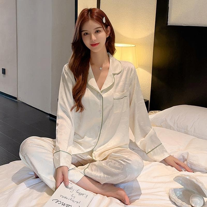 Pajamas, Casual Long-sleeved Pants, Pajamas Set, Dark Printed Home Clothes, Autumn Satin Home Clothes, Pajamas 2XL white