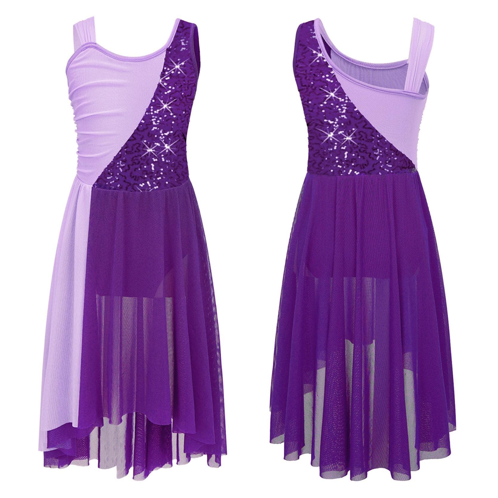 Kids Girls Sleeveless Chiffon Lyrical Dance Costumes Color Block Leotard Dress Modern Contemporary Dresses 9-10 Years purple