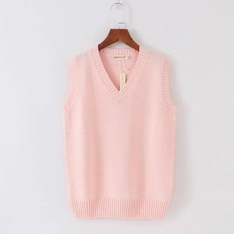 Solid Knitted Sweater Vest Women Fashion V-neck Office Lady Knitwears Autumn And Winter Sleeveless Women Vests Sweaters 29875 L pink