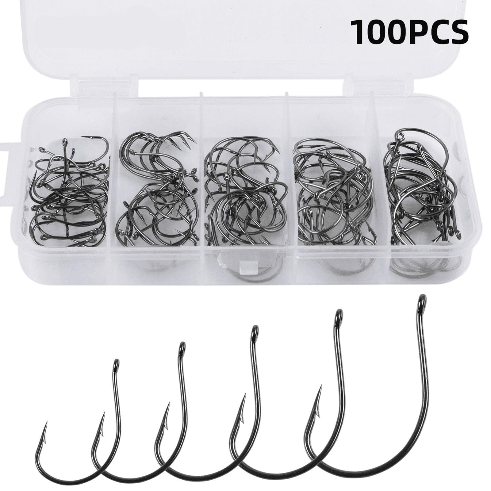 100pcs 5 Sizes Fishing Hooks Stainless Steel Carp Fishing Hooks Fishhook Worm Hooks with Plastic Box 100pcs set
