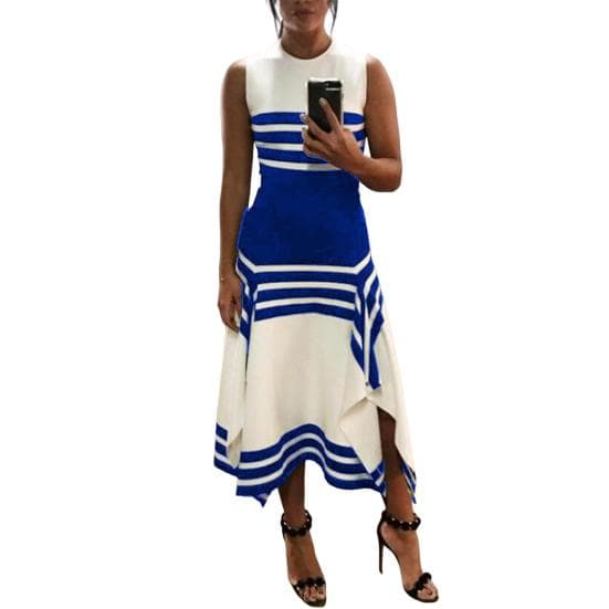 Women's Sleeveless Maxi Dress Summer Casual High Waist Round Neck Striped XL blue
