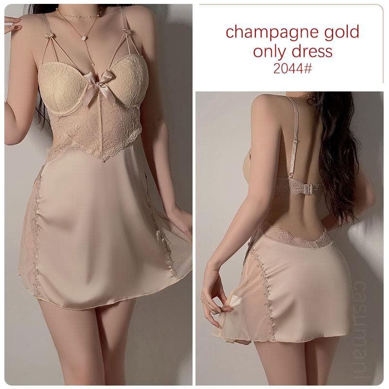 Sexy Underwire Push-up Pajamas, Chest Pads, Lace Backless Suspender Dress Home Set XL