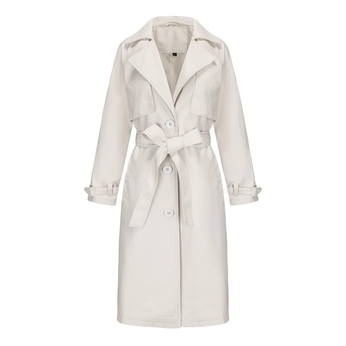Spring and Autumn Women's Windbreaker Long Loose Jacket PU Leather Jacket Women's Classic Lapel Jacket with Belt S