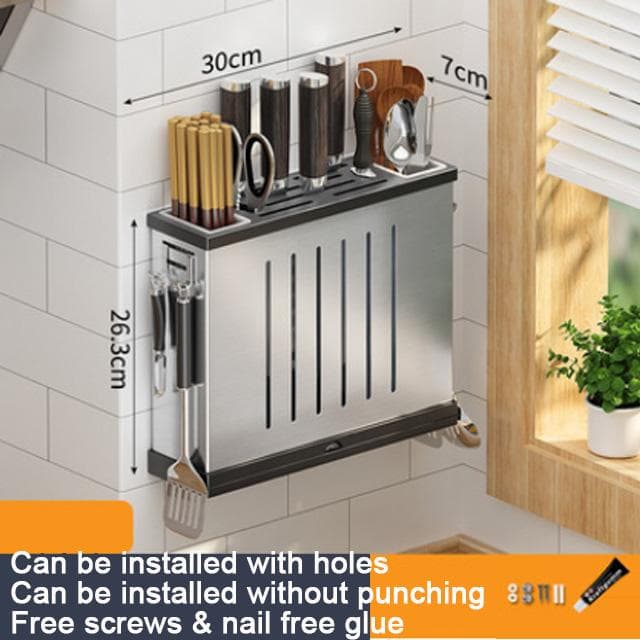 Stainless Steel Kitchen Organizer Fork Spoon Knife Stand Holder Cutting Board Cutlery Storage Shelf Drain Kitchen Accessories silver