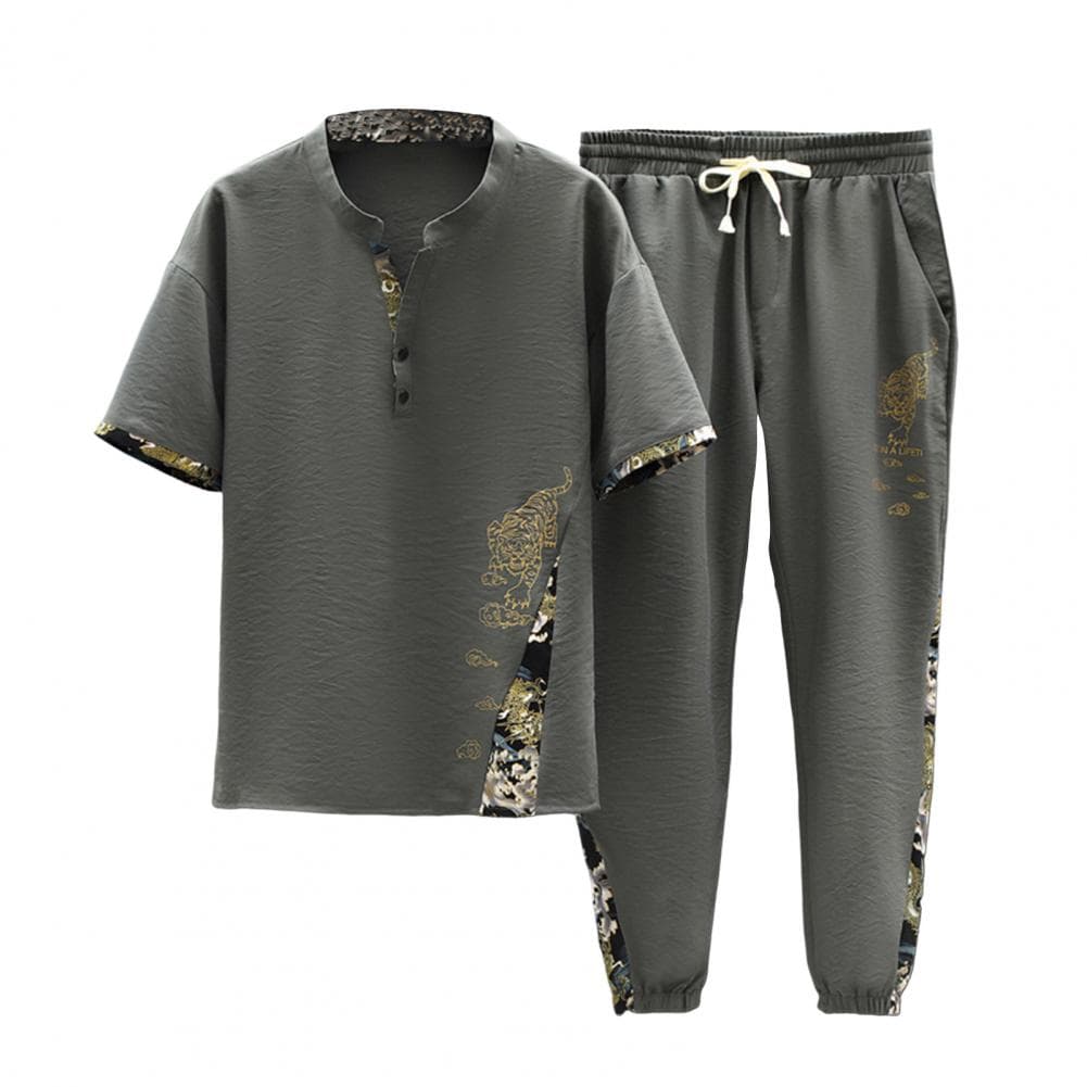 2Pcs/Set Men Summer Outfit Stand Collar Short Sleeve T-shirt Elastic Waist Drawstring Ice Silk Pants Set Tiger Print Casual Suit L grey