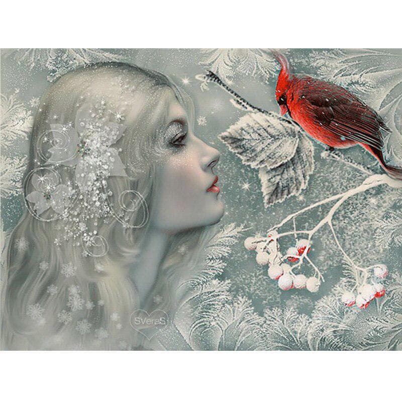 Diamond Painting Drill Rhinestone Handmade Needlework Girl and Red Bird Pictures Diamond Embroidery 20X30CM