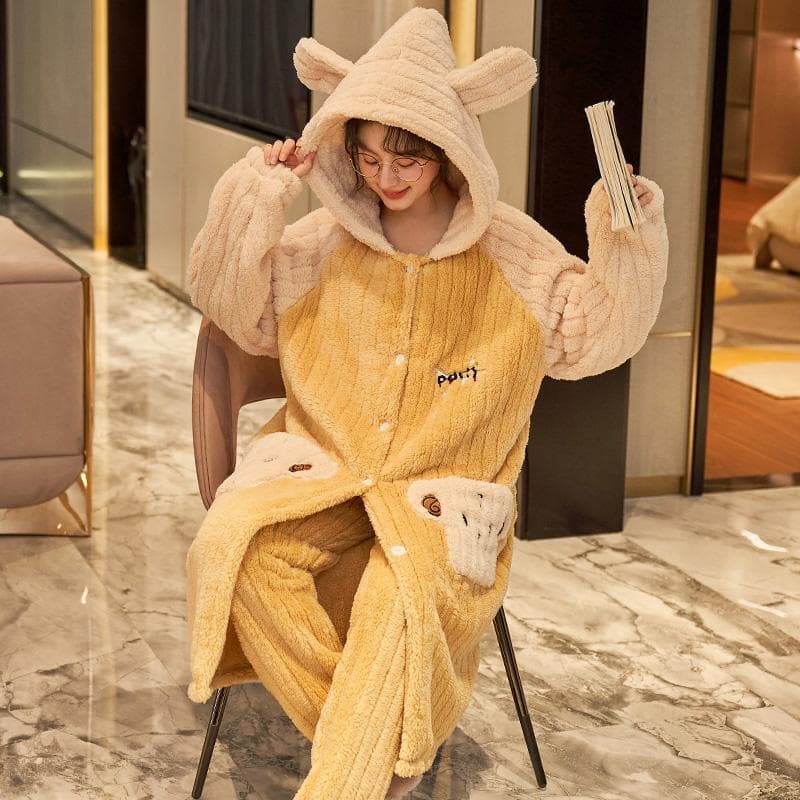 Cartoon Thicken Kimono Bathrobe Women's Dressing Gown Pajamas Hooded Robes Coral Fleece Sleepwear Winter Coats for Home Clothes M