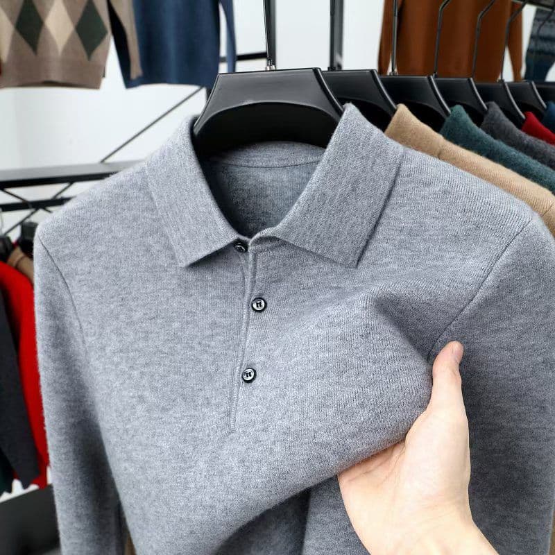 Smart Casual Autumn Winter Sweater Men Solid Lapel Button Simplicity Fashion Luxury Long Sleeve Pullovers Knitted Tops XXXL light gray