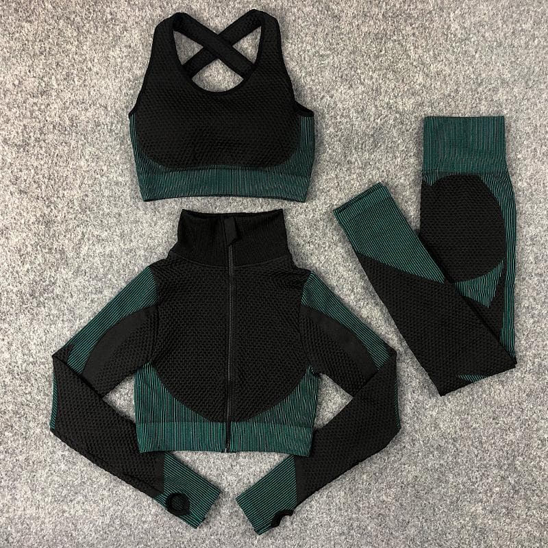 3PCS Seamless Women Yoga Set Workout Sportswear Gym Clothing Fitness Long Sleeve Crop Top High Waist Leggings Sports Suits M