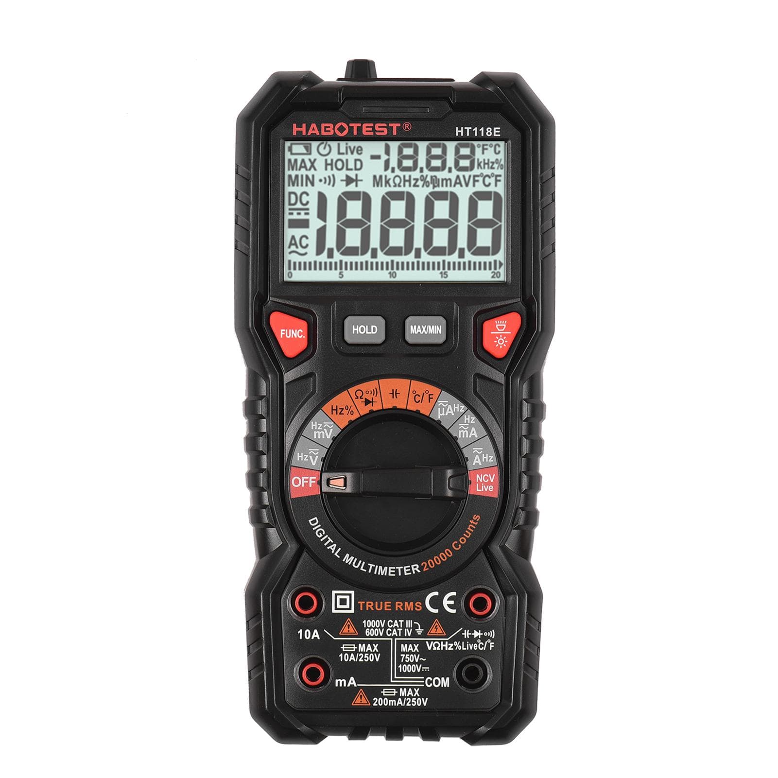 HABOTEST HT118E Digital Multimeter Auto Range Multi-meter 20,000 Counts True RMS Measuring AC/DC black