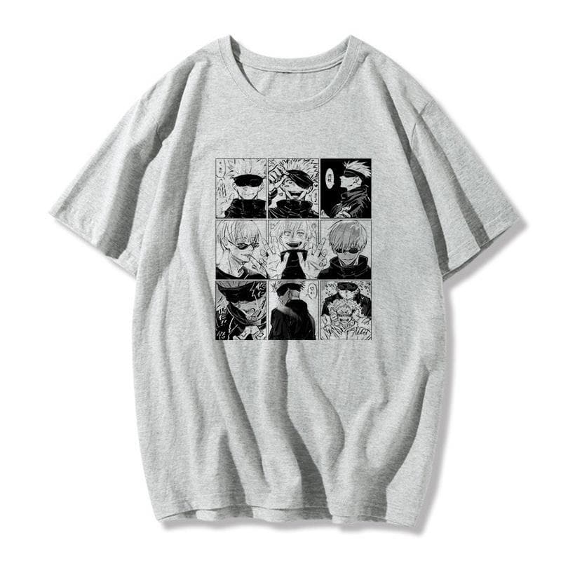 Anime Jujutsu Kaisen T-shirt Japanese Figure Ulzzang Fun Cartoon Gojo Satoru&Yuji Itadori Print Loose Chic Harajuku Punk Women T-shirt M grey
