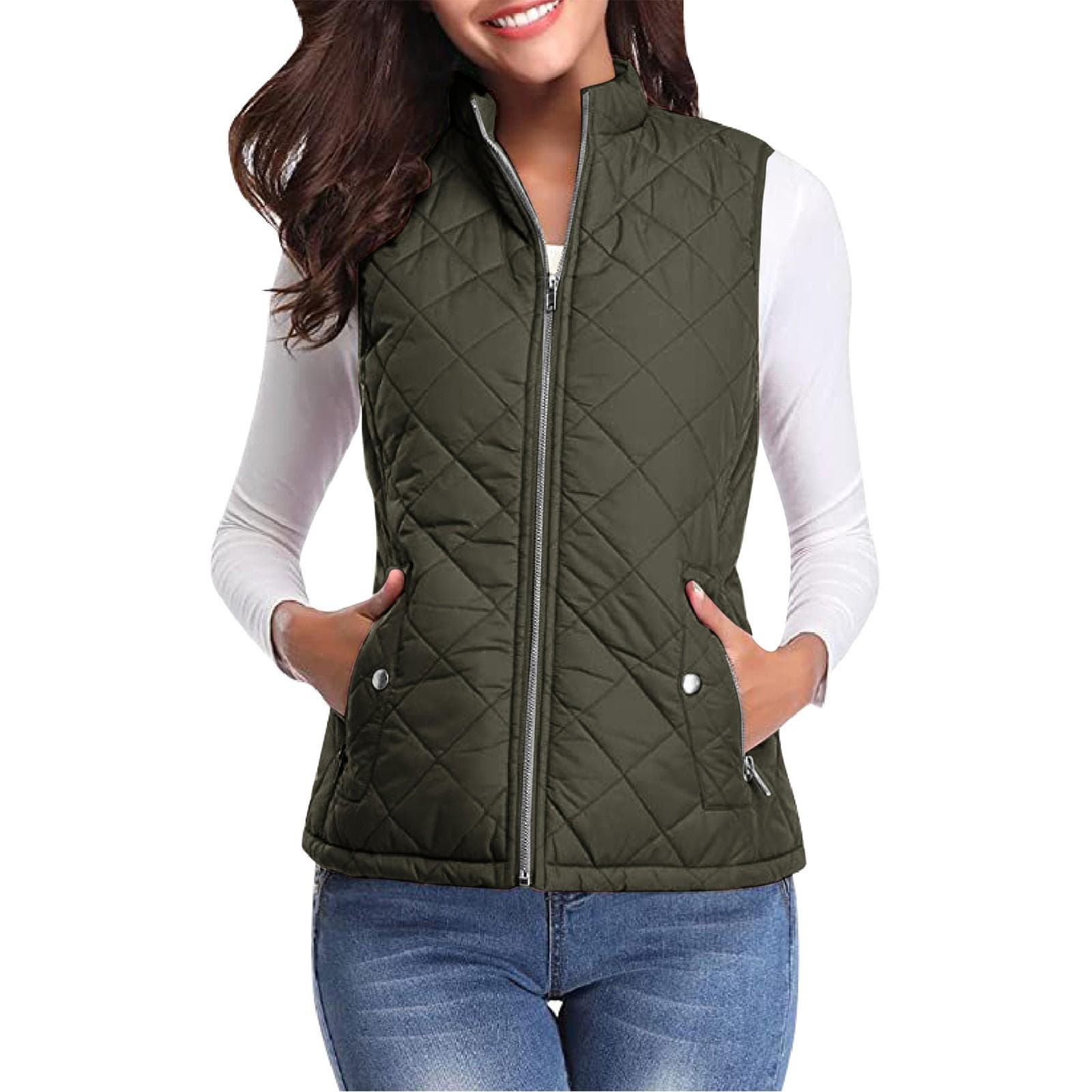 Women's Fashion Casual Solid Color Stand Collar Zipper Pocket Warm Cotton Vest Coat M dark green
