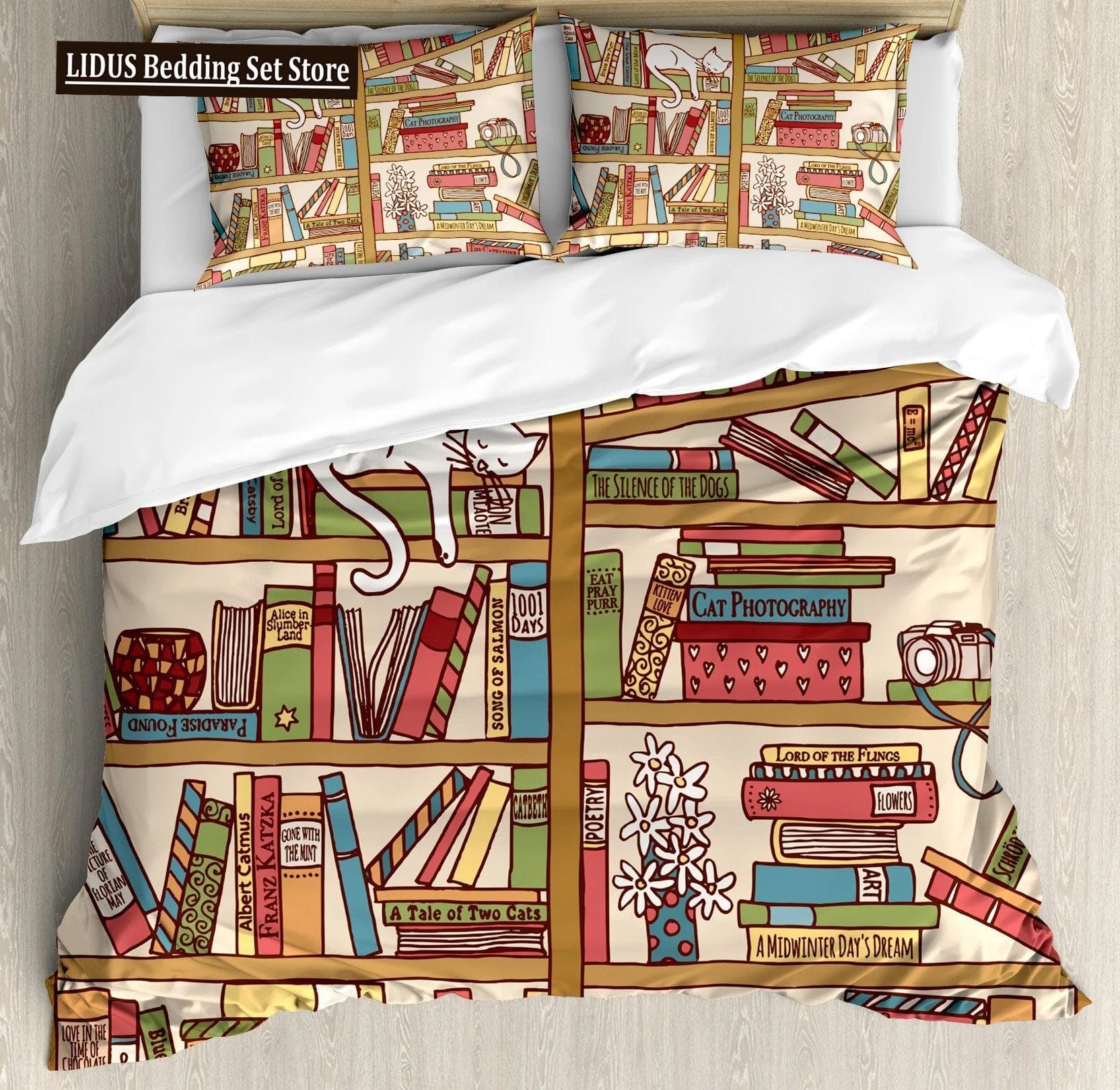 Books Lovers Gift Duvet Cover Set Full Size,Readers And Literary Lover Bedding Sets,Vintage Librarians Bookshelf Comforter Cover EU Single 135x200cm