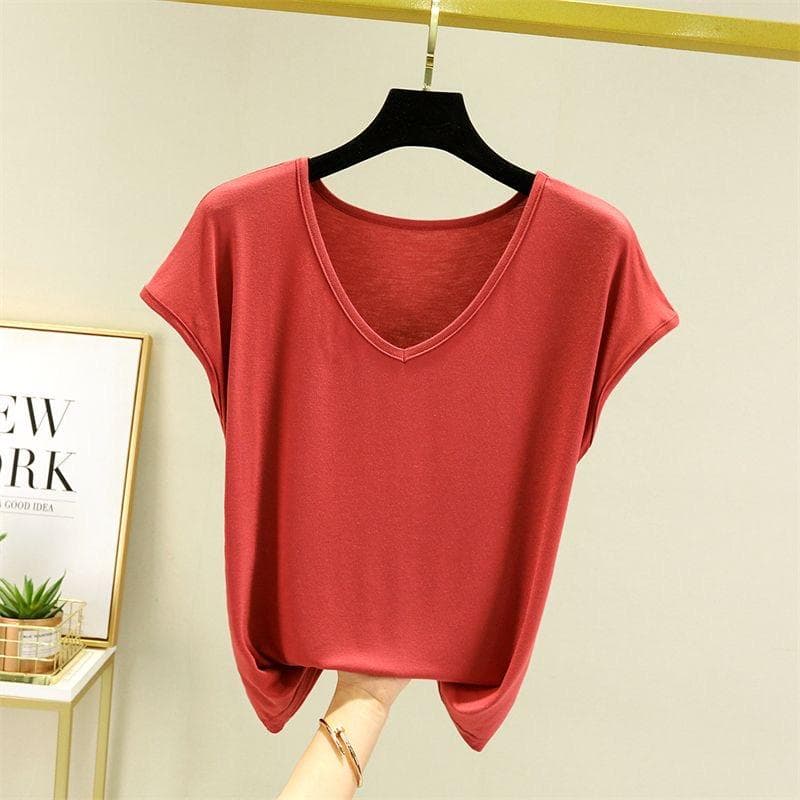 Women Summer Solid V Neck Basic T Shirt Modal Loose Tee Tops Casual Undershirt L dark red