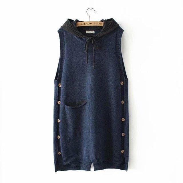 Casual Hooded Knitted Vests Plus Size Women Spring Autumn Outerwear Pockets Loose Sleeveless Vest XXXL blue