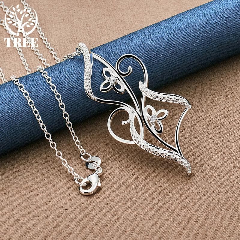 925 Sterling Silver Flower AAA Zircon Pendant Necklace Jewelry 45cm