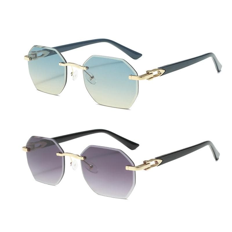 Fashionable 2Pcs Set Square Sunglasses for Women Men Frameless Rectangular Gradient Sun Glasses Polygon Style MULTI